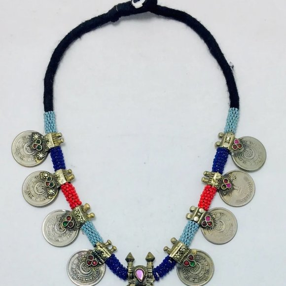 Vintage Coins Necklace With Dangling Pendant,Tribal Beaded Pendant Necklace - Picture 7 of 9